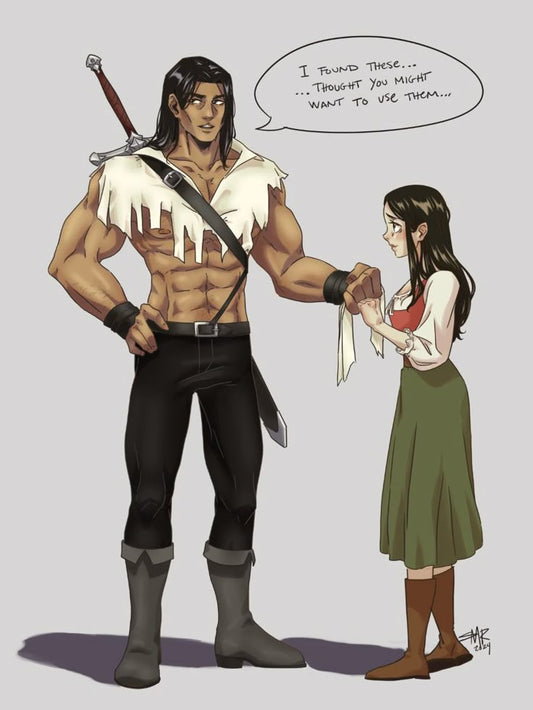 Elide and Lorcan, art bystephaniemccrea on Tumblr, Image of large warrior handing torn fabric to small woman